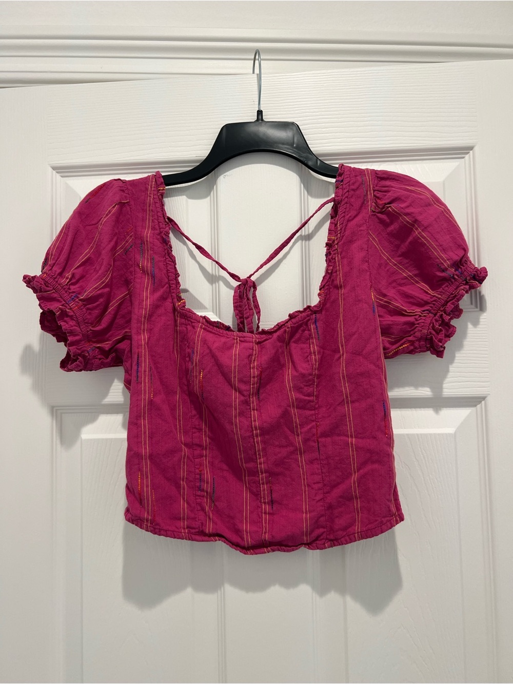 Free People Boho Fuchsia Puff-Sleeve Crop Top with Tie-Back